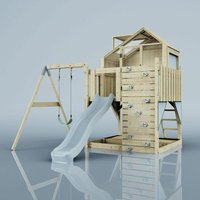 Rebo Spielturm mit Spielhaus inkl. Wellenrutsche und Kinder-Schaukel Outdoor Klettergerüst Garten, Ausführung: Kinderschaukel, Farbe: Eisblau - Blau von POLARPLAY