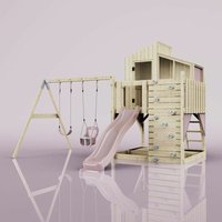 Rebo Spielturm mit Spielhaus mit Wellenrutsche Outdoor Klettergerüst Garten Kletterwand und Kletterleiter, Ausführung: Babyschaukel, Farbe: Altrosa von POLARPLAY