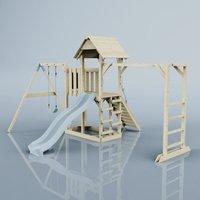 Rebo Spielturm mit Wellenrutsche aus Holz Outdoor Klettergerüst mit Kinderschaukel, Hangelstangen, Plattform und Kletterseil- Eisblau - Blau von POLARPLAY