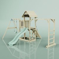 Rebo Spielturm mit Wellenrutsche aus Holz Outdoor Klettergerüst mit Kinderschaukel, Hangelstangen, Plattform und Kletterseil- Mintgrün - Grün von POLARPLAY