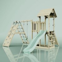 ReboOutdoor Spielturm mit Wellenrutsche Klettergerüst mit Kletterturm, Kletterwand und Klettwernetz, Ausführung: Kinderschaukel, Farbe: Mintgrün von POLARPLAY