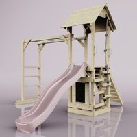Rebo Spielturm mit Wellenrutsche aus Holz Outdoor Klettergerüst mit Hangelstangen, Plattform und Kletterseil- Altrosa - Rosa von POLARPLAY