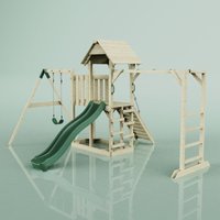 Rebo Klettergerüst aus Holz mit Wellenrutsche Outdoor Spielturm mit Kinderschaukel, Hangelstangen, Plattform und Kletterseil- Smaragdgrün - Grün von POLARPLAY