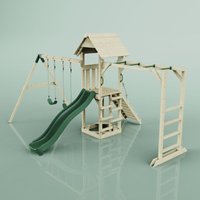 Rebo Klettergerüst aus Holz mit Wellenrutsche Outdoor Spielturm mit Doppel-Kinderschaukel, Hangelstangen, Plattform und Kletterseil - Kinderschaukel, von POLARPLAY