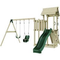 Rebo Spielturm mit Wellenrutsche und 2x Kinder-Schaukel Outdoor Klettergerüst Garten mit Plattform Kletterseil und Kletterleiter, Ausführung: von POLARPLAY