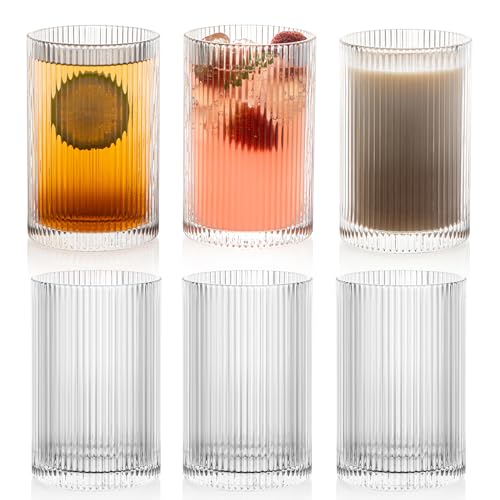 POLIDREAM Geriffelte Gläser 6er Set, 500ML Longdrinkgläser Set, Origami-Stil Glasbecher, Glasses Set ideal für Cocktails umd Kaffee Gläser, Wassergläser für Familie, Camping, Party, Bar von POLIDREAM