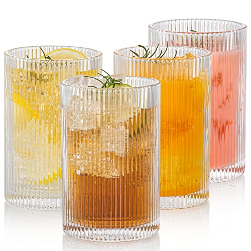 POLIDREAM Geriffelte Gläser 4er Set, 500ml XL Cocktailgläser, Origami-Stil Glasbecher, Bubble Gläser, Trinkgläser Set ideal für Mojito Gläser, Biergläser & Kaffeeglas - Spülmaschinenfeste von POLIDREAM