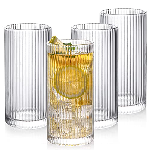 POLIDREAM Premium Trinkgläser Set 4er, 360ml Cocktailgläser Set, Origami-Stil Longdrinkgläser, Geriffelte Gläser für Eiskaffee, Bier,Wasser, Saft, Mojito, für Familie, Camping, Party von POLIDREAM