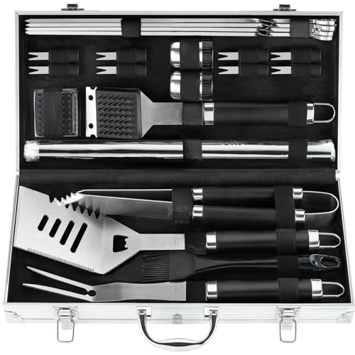 POLIGO 21PCS Edelstahl Grillbesteck im Koffer Geschenke für Männer - Grillzubehör Kit mit Grillmatte - Ideale Grillbesteck Set Geschenk für Männer und Frauen von POLIGO