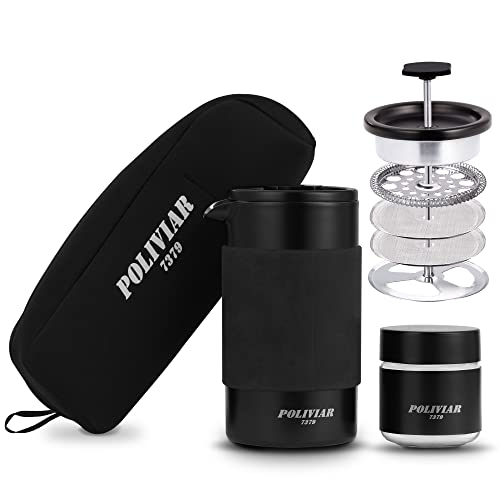 POLIVIAR French Press Kaffeemaschine, 350ML Portable Französische Presse mit Mini Kanister und Sammeltasche, Doppelwand Isolierung Dual-Filter Bildschirm(JX2022-PFB-DE) von POLIVIAR 7379