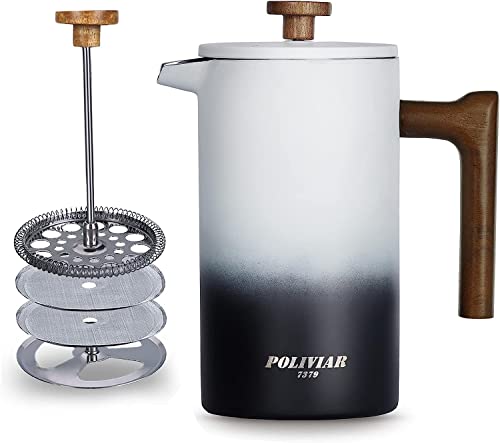 POLIVIAR French Press Kaffeebereiter, 10 oz Kaffeepresse mit Teakholzgriff, doppelwandige Isolierung & Doppelfiltersieb, lebensmittelechter Edelstahl für guten Kaffee und Tee (JX2020-FPYW-DE) von POLIVIAR 7379