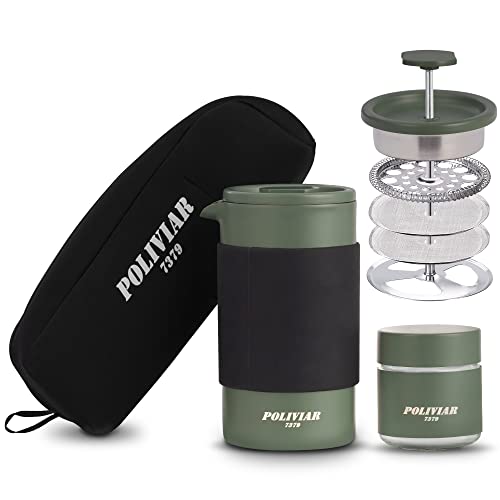 POLIVIAR French Press Kaffeemaschine, 350ML Portable Französische Presse mit Mini Kanister und Sammeltasche, Doppelwand Isolierung Dual-Filter Bildschirm(JX2022-PFG-DE) von POLIVIAR 7379