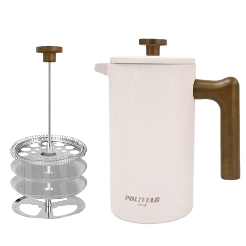 Poliviar French Press Kaffeebereiter 1 Liter/8 Tassen, Doppelwandige Isolierte Kaffeekanne, Handfilter Kaffeepresse mit Plunger & Griff aus Holz, Flatland (Beige) von POLIVIAR 7379