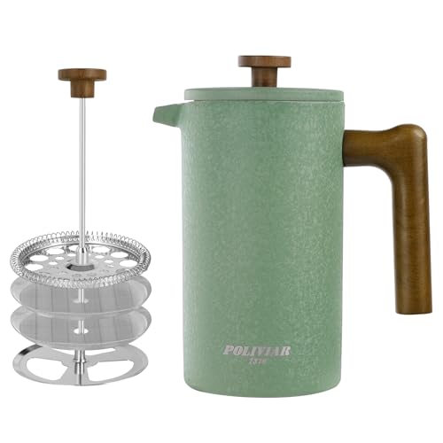 Poliviar French Press aus Edelstahl, Thermo Kaffeebereiter Doppelwandig isoliert, Kaffeebereiter 1 Liter, Handfilter Kaffeepresse mit Plunger & Griff aus Holz, Coffee Press (Grün) von POLIVIAR 7379