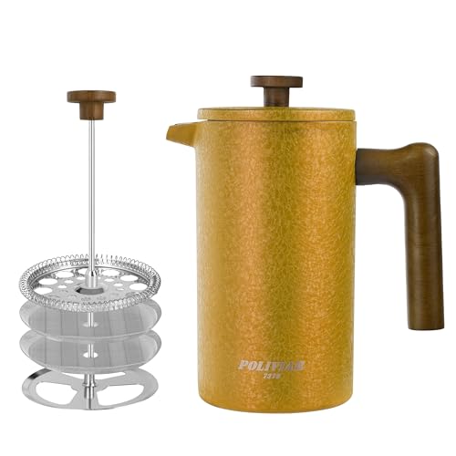 Poliviar French Press aus Edelstahl, Thermo Kaffeebereiter Doppelwandig isoliert, Kaffeebereiter 1 Liter, Handfilter Kaffeepresse mit Plunger & Griff aus Holz, Coffee Press -Luxus Edition von POLIVIAR 7379