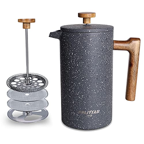 Poliviar French Press 1 Liter/8 Tassen, Kaffeebereiter，Doppelwandige isolierte Kaffeekanne, Teebereiter, Handfilter Kaffee Presse mit Plunger & Griff aus Massivholz (Stein) JX2019-FPG10-DE von POLIVIAR 7379