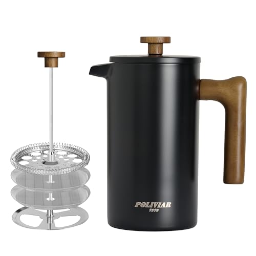 Poliviar French Press Kaffeebereiter 1 Liter/8 Tassen, Doppelwandige Isolierte Kaffeekanne und Teebereiter, Handfilter Kaffeepresse mit Plunger & Griff aus Holz, Vintage (Schwarz) von POLIVIAR 7379