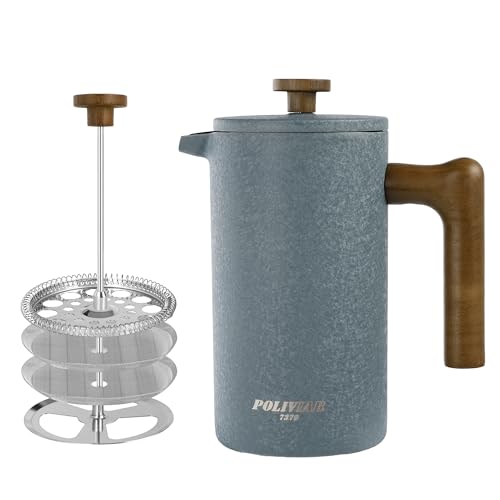 Poliviar French Press Kaffeebereiter 1 Liter/8 Tassen- Doppelwandige Isolierte Kaffeekanne und Teebereiter- Handfilter Kaffeepresse mit Plunger & Griff aus Holz (JX2023-FPLU-DE) von POLIVIAR 7379