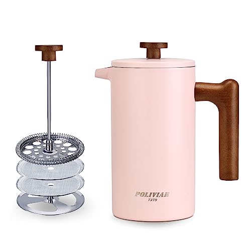 Poliviar French Press Kaffeemaschine 1 Liter/8 Tassen, French Press Kaffeebereiter Doppelwandige isolierte Kaffeekanne und Teekocher, Handfilter Kaffeepresse mit Kolben, Holzgriff, (Rosa) von POLIVIAR 7379