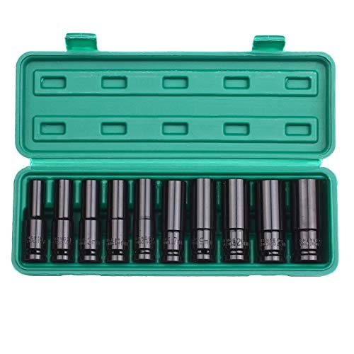 POLXLMOFXO 1/2-Zoll-Antrieb 6-Punkt-Aufprallbuchse Set 10-teilige Metrikgrößen 10-24mm Kohlenstoffstahl mit harter Aufbewahrungsbox von POLXLMOFXO