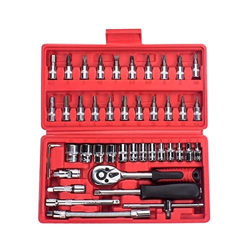 POLXLMOFXO Sockelschlüssel Set Ratschen-Sets Mechaniker-Werkzeuge Kit-Bit-Buchsen for Automotive-Reparatur-Haushaltsmetrik 1/4-Zoll-Laufwerk 46-Stück(Red) von POLXLMOFXO
