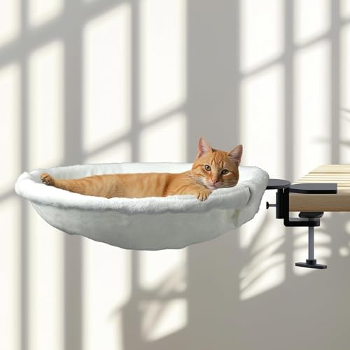 POMESEA Verstellbares Katzen-Schreibtischbett, unterstützt bis zu 22,7 kg, stabiler Metallrahmen mit sicherer Klemme, abnehmbarer, flauschiger Bezug für Indoor-Katzen, perfekt für Zuhause oder von POMESEA