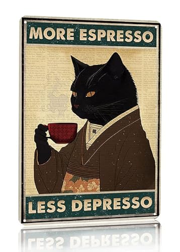 Metall-Blechschild im Vintage-Stil, schwarze Katze, Kaffee, Poster, Motiv: "More Espresso Less Depresso", 20,3 x 30,5 cm von POMOTER