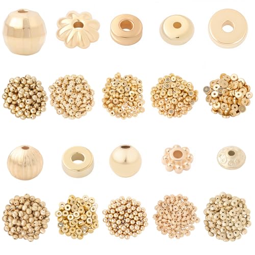 PONABEADIY 1 Box 10 Stile 1000 Stück Sortierte Goldene Abstandsperlen Goldene BLUMEs Flache Runde Kugel Rondelle Gemischte Form Abstandshalter CCB Kunststoffperle Für Die Schmuckherstellung Armbänder von PONABEADIY