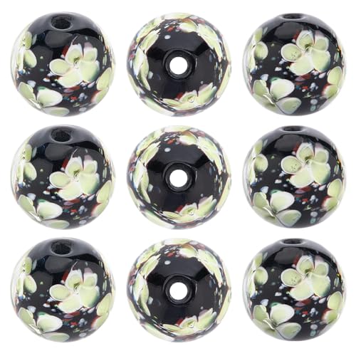 PONABEADIY 1 Box 10 Stück 19~20mm Grün Schwarze BLUMEsn Runde Handgefertigte Lampwork Perlen Mit Löchern Großes Glas BLUMEsnmuster Kristall Vintage Lose Abstandsperlen Für Die Schmuckherstellung Armb von PONABEADIY