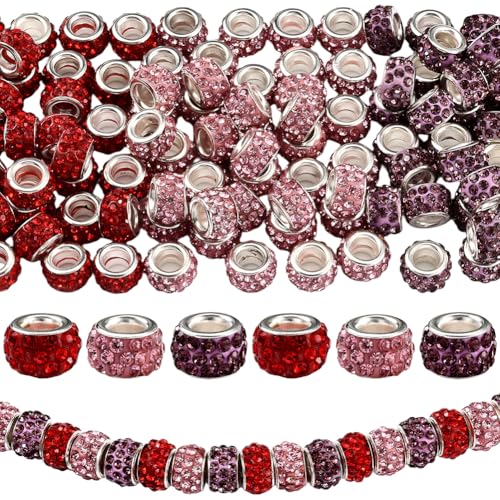 PONABEADIY 1 Box 120 Stück Rot Rosa Lila Europäische Strassperlen Mit Versilberten Messingkernen Großes Loch Diamanthaar Kristallton Rondelle Abstandshalter Charms Perle Für Schmuckherstellung DIY Bas von PONABEADIY