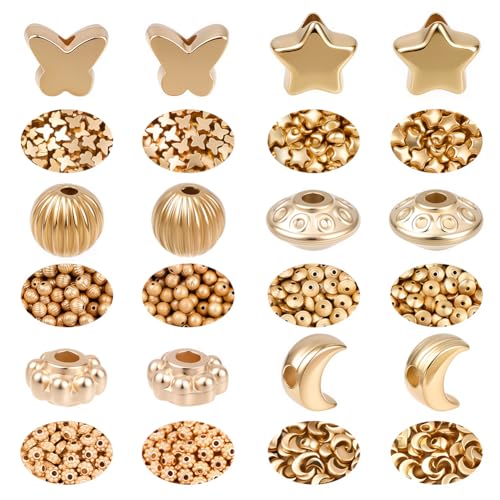 PONABEADIY 1 Box 1200 Stück 6 Stile Goldene Abstandshalter Kunststoff Verschiedene Perlen Goldene Abstandshalter BLUMEs Schmetterling Mond Stern Flache Runde Charms Lose Perlen Großpackung Für Schmuck von PONABEADIY