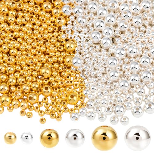 PONABEADIY 1 Box 1200 Stück Kleine Goldene Und Silberne Abstandsperlen Aus Kunststoff Mit Löchern Rund Gefüllt Verschiedene Größen Abstandshalter Charms Lose Kugelperlen Großpackung Für Die Schmuckher von PONABEADIY