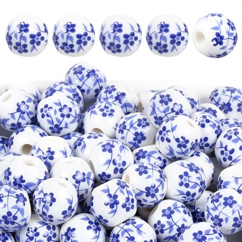 PONABEADIY 1 Box 180 Stück 8mm Weiß Blaue Runde Porzellanperlen Mit Löchern BLUMEsndruck Florales Chinesisches Vintage KeramikBLUMEsn Abstandshalter Lose Perlen Für Die Schmuckherstellung Armbänder H von PONABEADIY