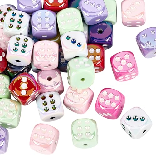 PONABEADIY 1 Box 40 Stück Würfelperlen Aus Acryl In Gemischten Farben Mit Löchern Schillernd Lustig UV Beschichtung Regenbogen Glänzend Kunststoff Abstandshalter Lose Charms Perlen Für Die Schmuckhers von PONABEADIY