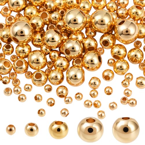 PONABEADIY 1 Box 5 Größen 250 Stück 14 Karat Vergoldete Abstandskugeln Goldene Gefüllte Abstandshalter In Gemischten Größen Nahtlose Runde Glatte Charms Metall Messing Perlen Zur Schmuckherstellung Ar von PONABEADIY