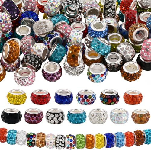 PONABEADIY 1 Box 80 Stück Gemischte Farben Europäische Strass Abstandshalterperlen Mit Versilberten Messingkernen Rondell Diamant Kristall Charms Mit Großem Loch Perlen In Großpackung Für Die Schmuckh von PONABEADIY