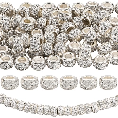 PONABEADIY 1 Box 80 Stück Weiße Europäische Strass Rondelle Abstandshalterperlen Mit Versilberten Messingkernen Großes Loch Diamanthaar Glänzende Kristall Tonperlen Für Die Schmuckherstellung Halskett von PONABEADIY