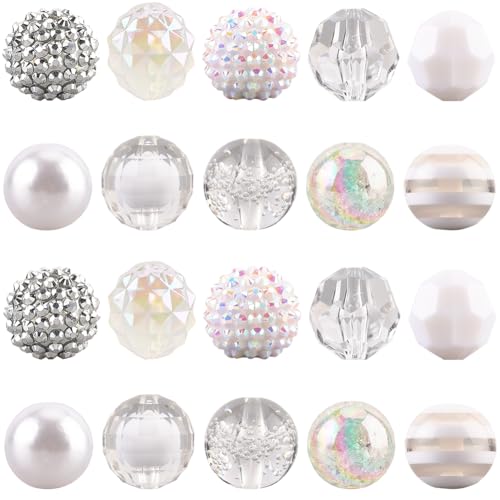 PONABEADIY 20mm 20 Stück 10 Stile Weiße Kaugummi Perlen Klobige Perlen Rund Acrylharz Strass Facettierte Lose Abstandsperlen Großpackung Für Die Schmuckherstellung Ohrringe Armbänder Halsketten Stift von PONABEADIY