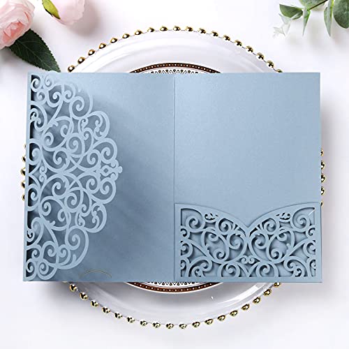 ponatia 13 x 18 cm staubblaue lasergeschnittene Einladungstaschen, 20 Stück dreifach gefaltete 12,7 x 17,8 cm lasergeschnittene Hochzeitseinladungstaschen mit Umschlägen für Hochzeit, Geburtstag, von PONATIA