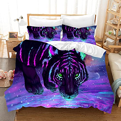 PONGLPKBB Bettbezug 3 Teilig 3D Violetter Tiger Bettwäsche Set mit Reißverschluss 135x200cm Super Weich Mikrofaser Flauschige Bettbezüge und 2 80x80cm Kissenbezug von PONGLPKBB