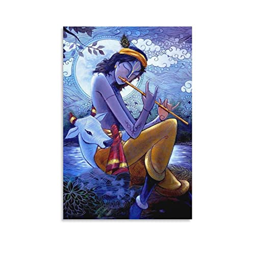 Krishna Gopala Spielende Flöte Hinduismus Hinduismus Gott Göttin Religiöse Malerei Poster Ästhetik für Raummalerei Leinwandbild Wandkunst 30 x 45 cm von PONINI