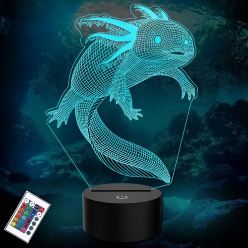 PONLCY Axolotl Led Nachtlicht 3D Illusion Lampe, 16 Farben Fernbedienung USB Schreibtischlampen, Schlafzimmer Dekoration Tischlampe für Kinder Weihnachten Geburtstag Geschenke von PONLCY