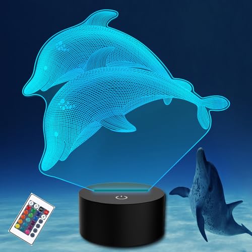 PONLCY 3D Illusion Lampe Delfin Led Nachtlicht, 16 Farben Fernbedienung USB Schreibtischlampen, Schlafzimmer Dekoration Tischlampe für Kinder Weihnachten Geburtstag Geschenke von PONLCY