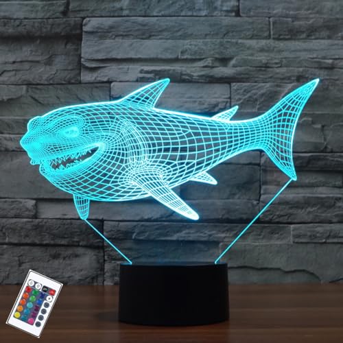 PONLCY 3D Illusion Lampe Hai Led Nachtlicht, 16 Farben Fernbedienung USB Schreibtischlampen, Schlafzimmer Dekoration Tischlampe für Kinder Weihnachten Geburtstag Geschenke von PONLCY