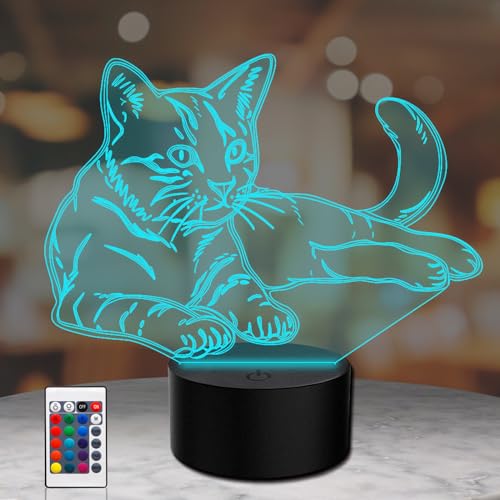 PONLCY 3D Illusion Lampe Katze Led Nachtlicht, 16 Farben Fernbedienung USB Schreibtischlampen, Schlafzimmer Dekoration Tischlampe für Kinder Weihnachten Geburtstag Geschenke von PONLCY