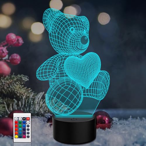 PONLCY 3D Illusion Lampe Teddybär Led Nachtlicht, 16 Farben Fernbedienung USB Schreibtischlampen, Schlafzimmer Dekoration Tischlampe für Kinder Weihnachten Geburtstag Geschenke von PONLCY