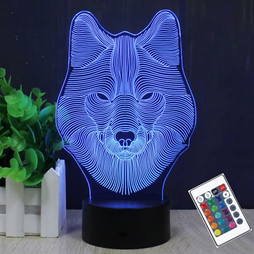 PONLCY Wolf Led Nachtlicht, 16 Farben 3D Illusion Lampe, Fernbedienung USB Schreibtischlampen, Schlafzimmer Dekoration Tischlampe für Kinder Weihnachten Geburtstag Geschenke von PONLCY