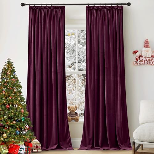 PONY DANCE 2er Set Samt Gardinen mit Kräuselband Thermovorhänge gegen Kälte Verdunklungsvorhänge Rot Samtvorhänge Wohnzimmer Velvet Blackout Curtains (Gewicht: 300g/m²), H 260 x B 132 cm, Rotwein von PONY DANCE