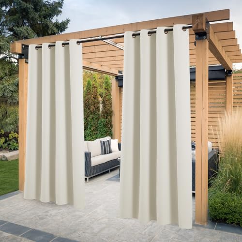 PONY DANCE Balkon Vorhang Sonnenschutz & Sichtschutz Terrasse Vorhänge 2er Set Outdoor Gardinen Wasserdicht Outdoor Vorhang Wetterfest mit Ösen, H 213 x B 132 cm, Hellbeige von PONY DANCE