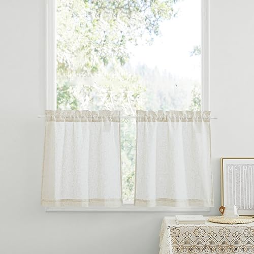 PONY DANCE Bistrogardine 2er Set Leinen Vorhang Boho Halbtransparent B 60 x H 45 cm Scheibengardinen Landhausstil Kurze Gardine für Küche und Wohnwagen Fenster, Beige von PONY DANCE